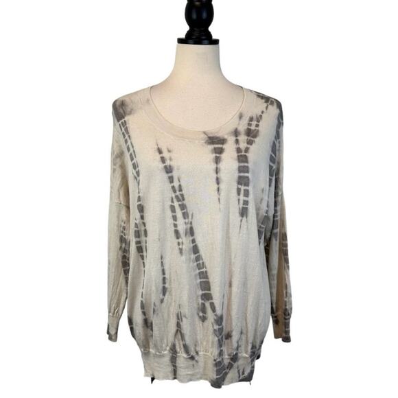 Chan Luu Silk Cashmere Tie Dye Hi Low Hem 3/4 Sleeve Sweater Size M Cream Gray - Picture 1 of 9